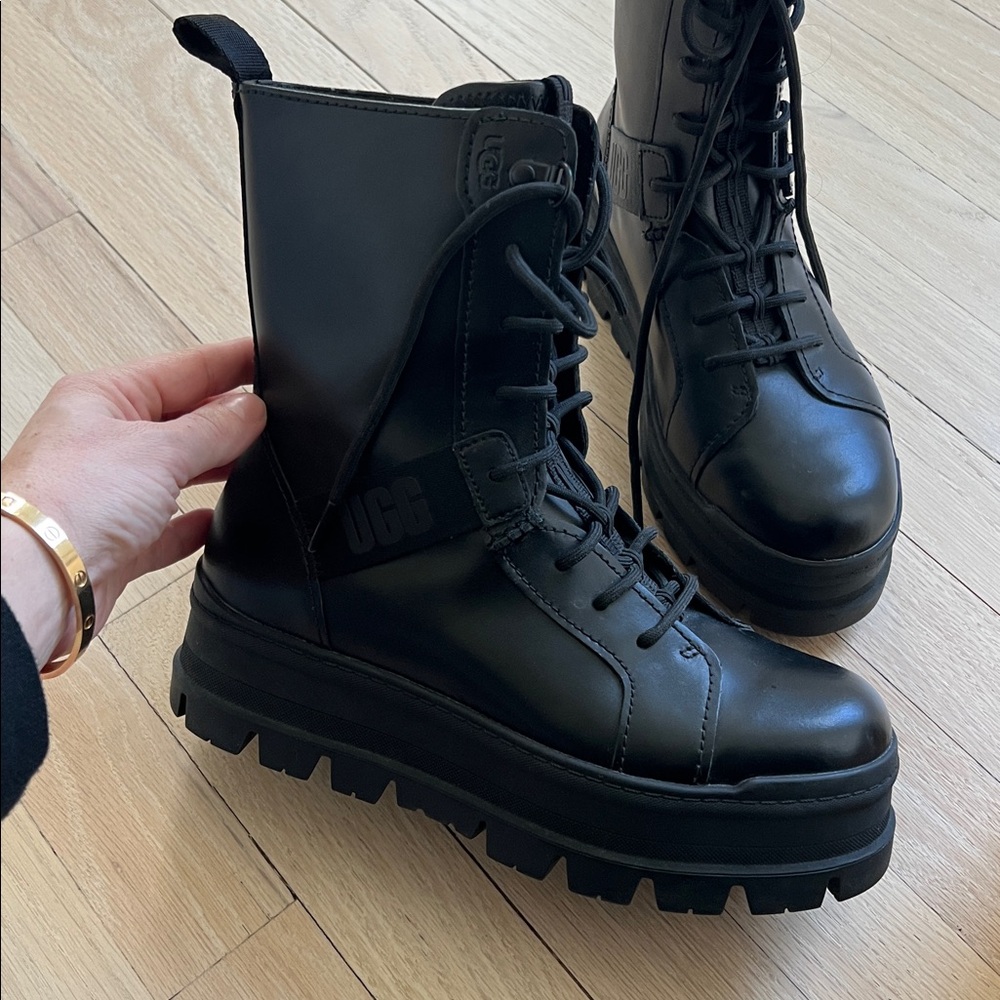 UGG Black Leather Lace-Up Boots